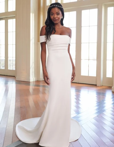 44295 Off-the-Shoulder Crepe Wedding Dress by Sincerity Bridal